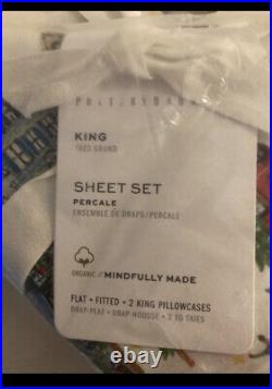 NEW Pottery Barn Christmas In The City King Sheet Set Organic Percale Cotton