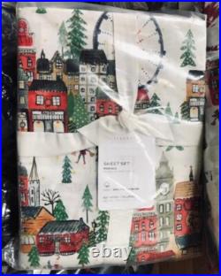Pottery Barn Christmas In The City Sheet Set Twin Holiday Red Green 3pc New