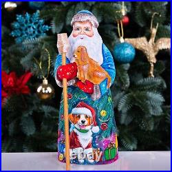 Wooden hand carved Santa Claus Figurine with dog 9, Christmas home decor