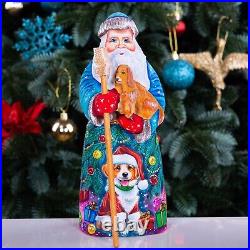 Wooden hand carved Santa Claus Figurine with dog 9, Christmas home decor