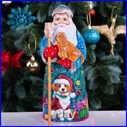 Wooden hand carved Santa Claus Figurine with dog 9, Christmas home decor