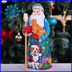 Wooden hand carved Santa Claus Figurine with dog 9, Christmas home decor