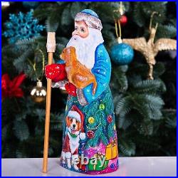 Wooden hand carved Santa Claus Figurine with dog 9, Christmas home decor