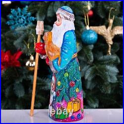 Wooden hand carved Santa Claus Figurine with dog 9, Christmas home decor